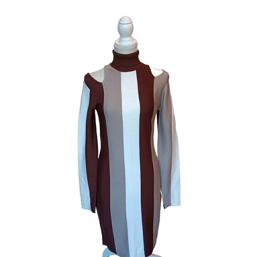 Almost Famous Women's Size L Wide Stripe Brown/Beige Knit Midi Turtleneck Dress